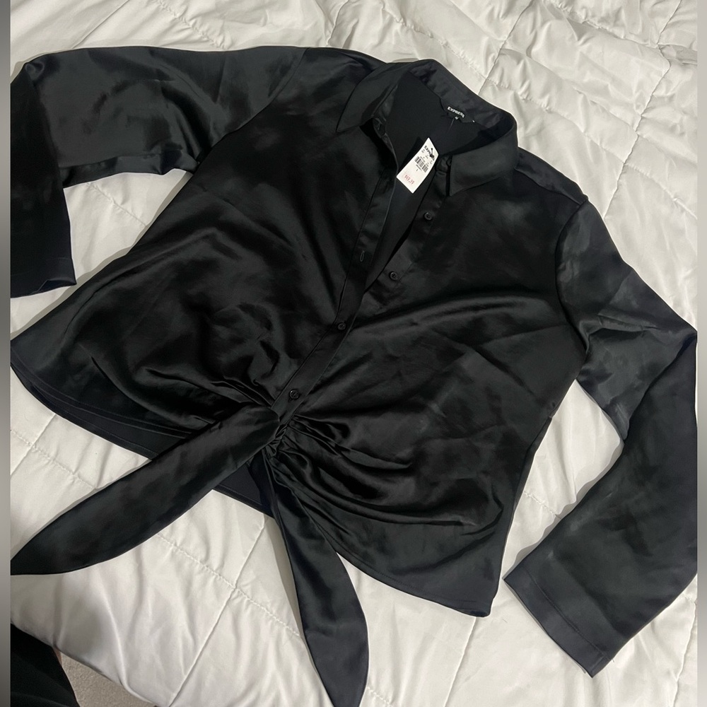 NWT Express Black Satin Tie Front Portofino Top!